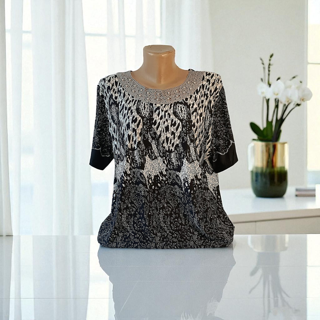 Bluze maneca scurta cu dantela si imprimeu deosebit 3XL-5XL