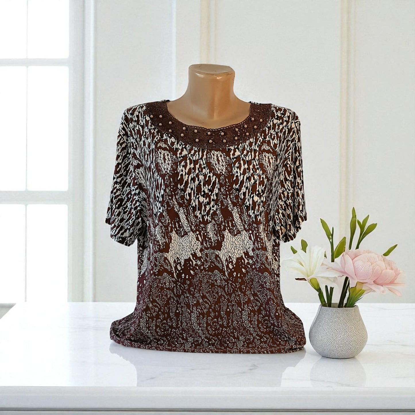 Bluze maneca scurta cu dantela si imprimeu deosebit 3XL-5XL