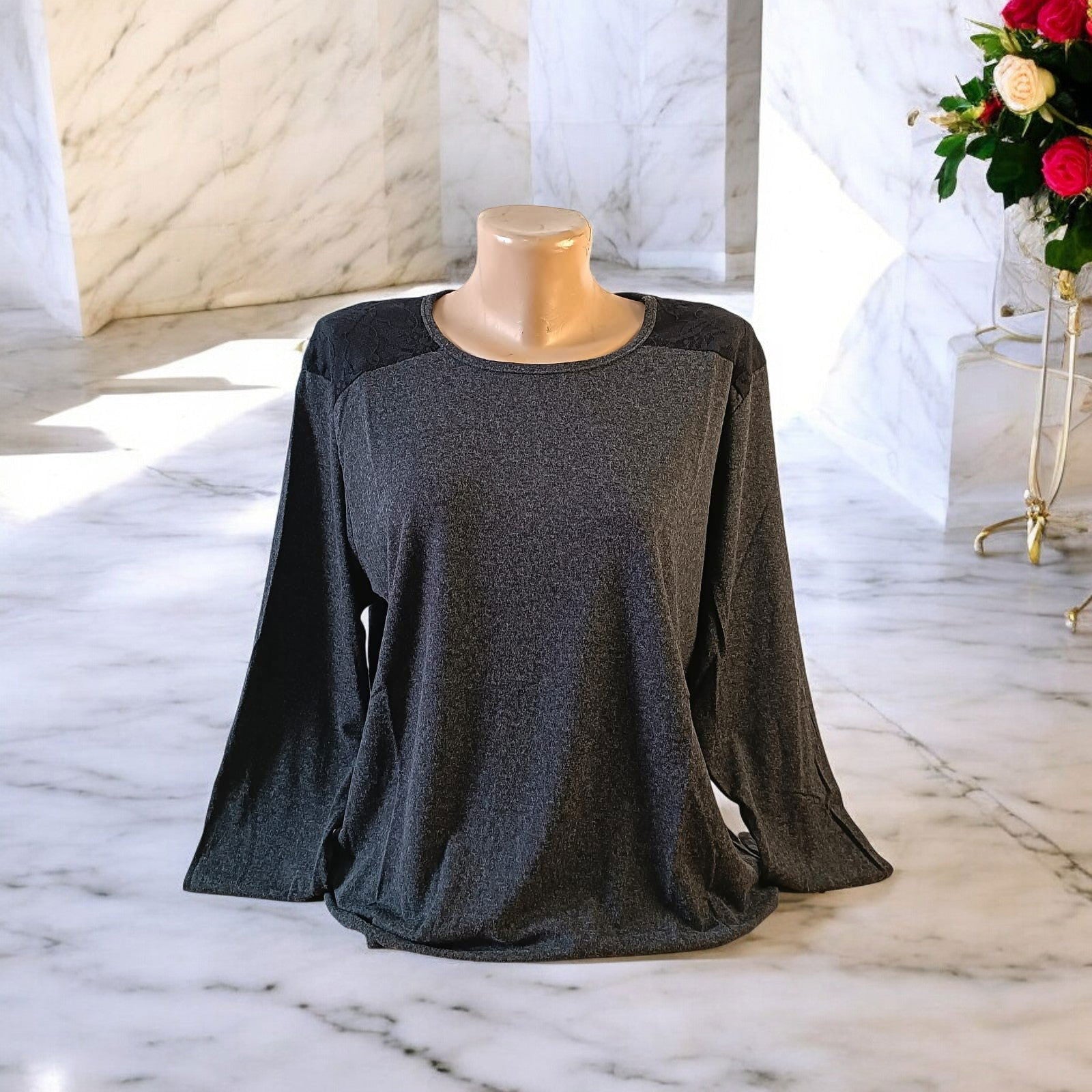 Bluza maneca lunga imprimeu simplu cu dantela la meneci - AMG SHOP -  - 