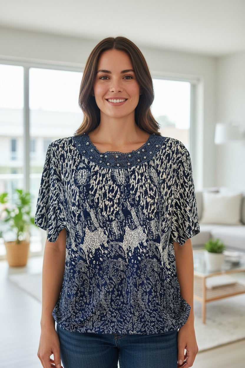 Bluze maneca scurta cu dantela si imprimeu deosebit 3XL-5XL