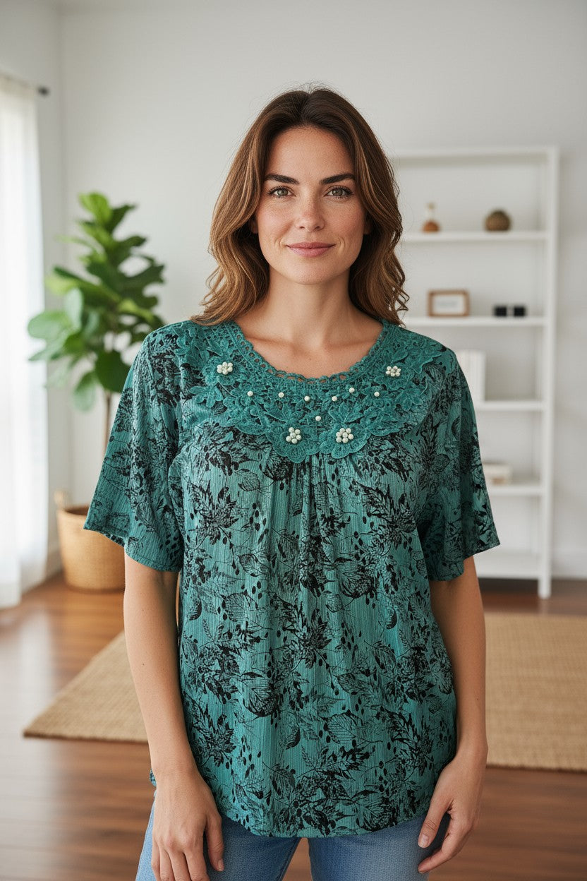 Bluze maneca scurta cu dantela si imprimeu deosebit 3XL-5XL