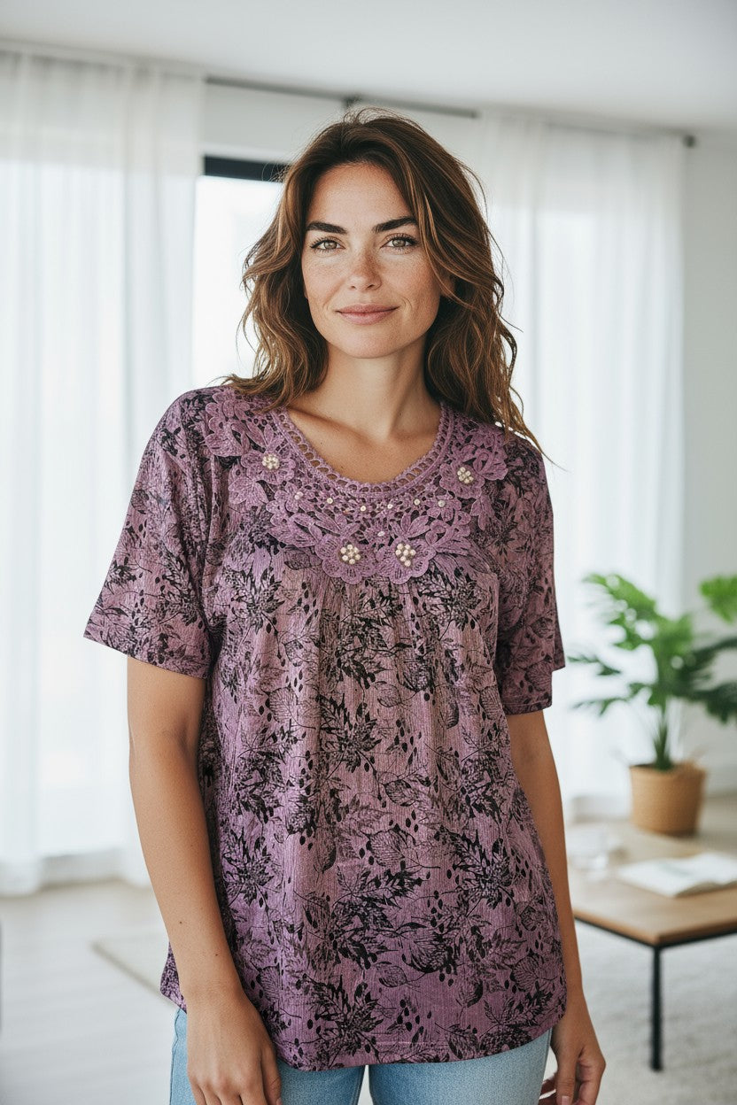 Bluze maneca scurta cu dantela si imprimeu deosebit 3XL-5XL