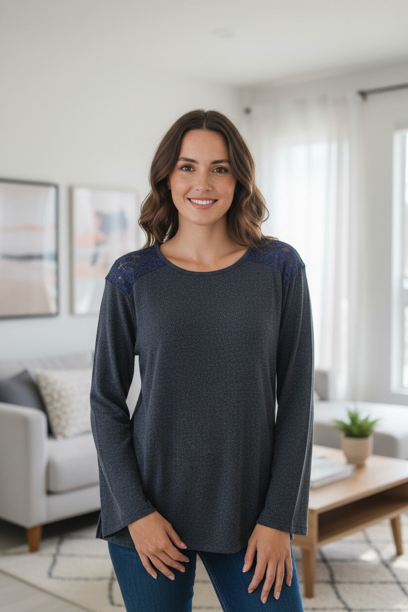 Bluza maneca lunga imprimeu simplu cu dantela la meneci