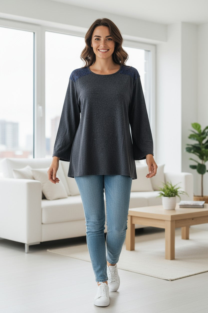 Bluza maneca lunga imprimeu simplu cu dantela la meneci