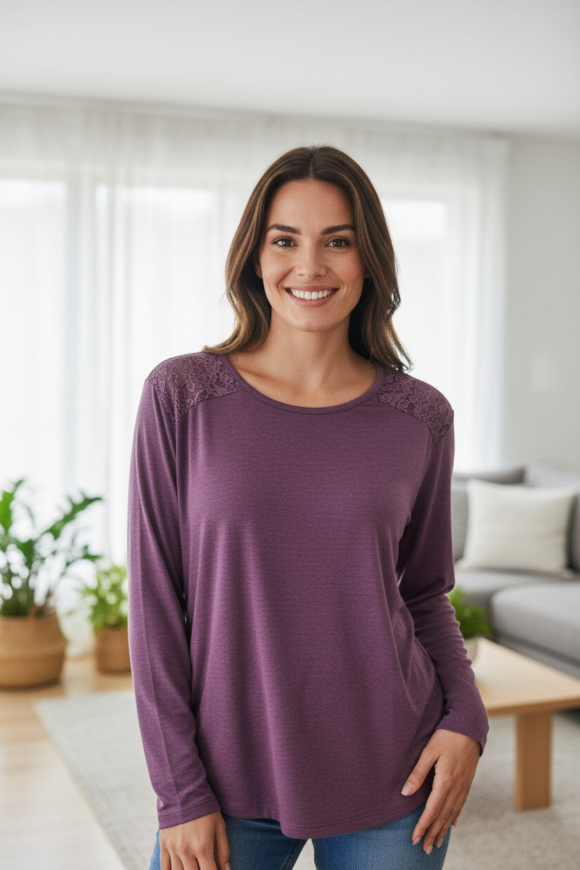 Bluza maneca lunga imprimeu simplu cu dantela la meneci