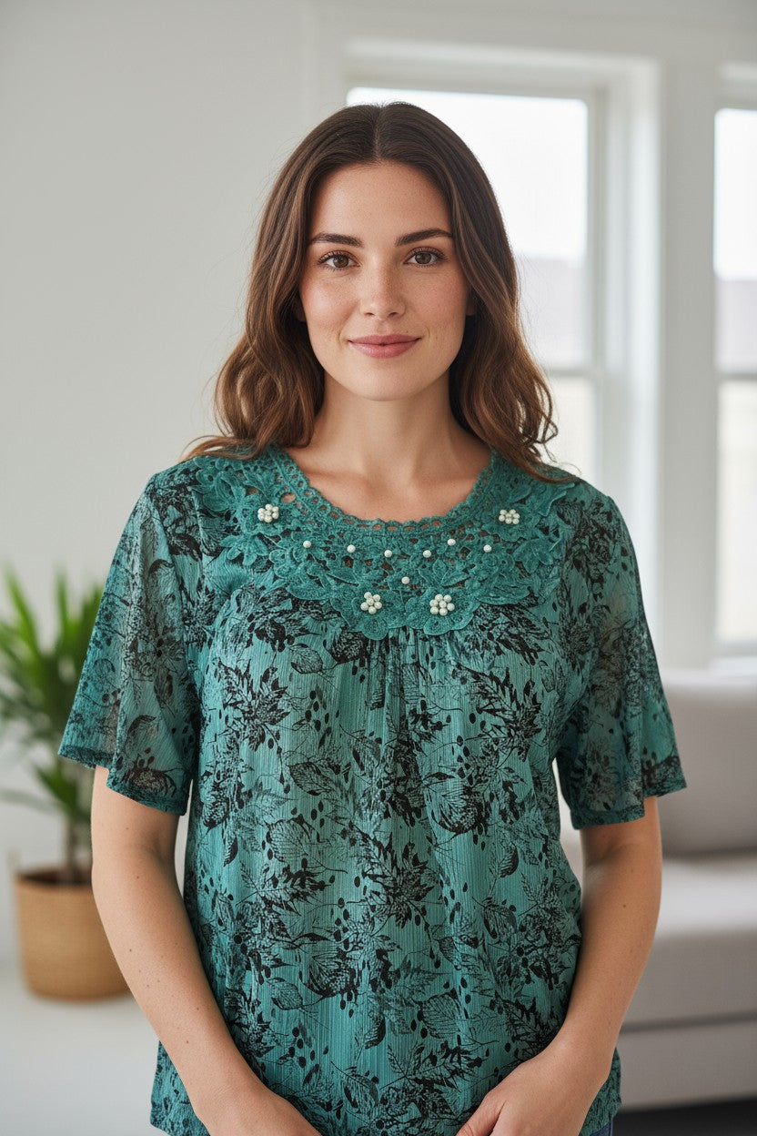 Bluze maneca scurta cu dantela si imprimeu deosebit 3XL-5XL