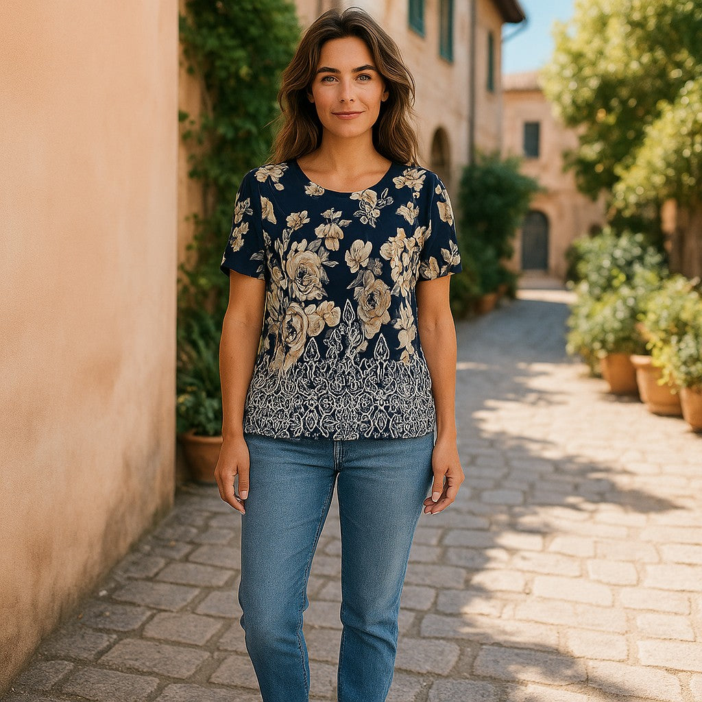 Bluze cu imprimeu si rotunde la gat XL-5XL