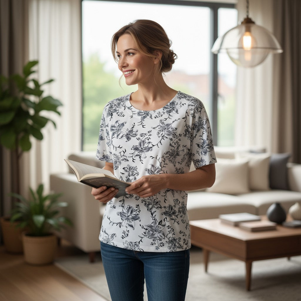 Bluze cu imprimeu si rotunde la gat XL-5XL